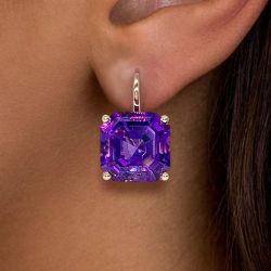 Elegant Golden Asscher Cut Amethyst Sapphire Drop Earrings For Women 