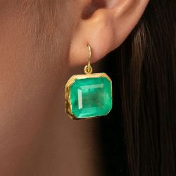 Bezel Golden Asscher Cut Emerald Sapphire Drop Earrings