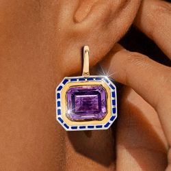 Two Tone Emerald Cut Amethyst Sapphire Drop Earrings