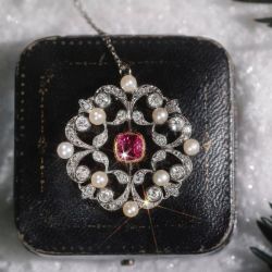 Vintage Cushion Cut Ruby Sapphire & Pearl Pendant Necklace