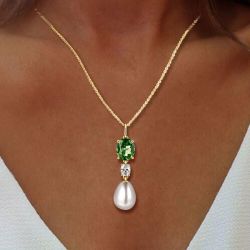 Golden Oval Cut Pearl & Peridot Pendant Necklace