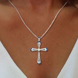 Art Deco Round Cut Pearl Sapphire Cross Pendant Necklace