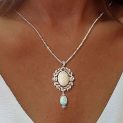 Vintage Milgrain Wreath Design Oval Cut Opal Pendant Necklace