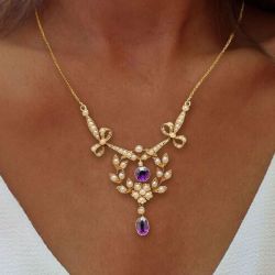 Golden Bezel Design Oval & Round Cut Amethyst Sapphire Pendant Necklace For Women 