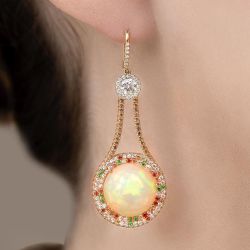 Golden Halo Micro Pave Round Cut Opal Sapphire Drop Earrings