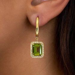 Golden Halo Emerald Cut Peridot Sapphire Drop Earrings For Women