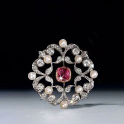 Vintage Cushion Cut Ruby Sapphire & Pearl Brooch For Women