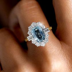 Two Tone Emerald Cut Aquamarine Sapphire Engagement Ring For Women