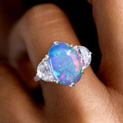 Three Stone Oval & Half Moon Cut Opal Ring For Women