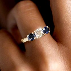 Golden Three Stone Cushion Cut White & Blue Sapphire Wedding Band For Women