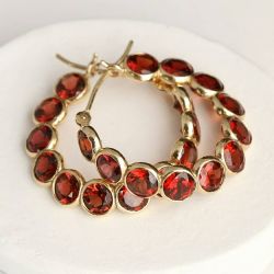 Golden Round Cut Garnet Sapphire Hoop Earrings For Women