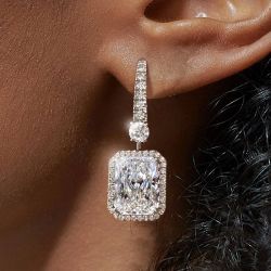 Halo Radiant Cut White Sapphire Drop Earrings For Women