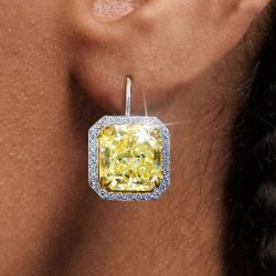 Halo Two Tone Radiant Cut Yellow Sapphire Drop Earrings For Women