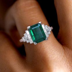 Art Deco Emerald Cut Emerald Sapphire Engagement Ring For Women