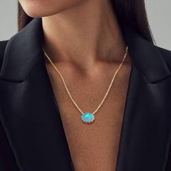 Vintage Golden Oval Cut Blue Opal Pendant Necklace For Women