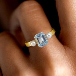 Vintage Emerald Cut Aquamarine Sapphire & Pearl Engagement Ring For Women