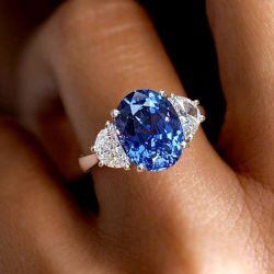 Three Stone Oval Cut Blue Sapphire Engagement Ring For Women