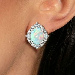 Halo Oval Cut Opal Stud Earrings For WomenNext Jewelry