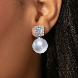 Stunning Round Cut Pearl & White Sapphire Drop Earrings For Women