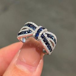 Knot Ring Round Cut Blue Sapphire Wedding Band For Women