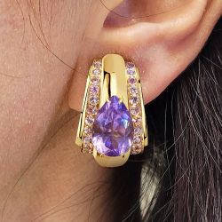 Art Deco Golden Pear Cut Amethyst Sapphire Hoop Earrings For Women