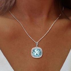 Fashion Cushion Cut Aquamarine Pendant Necklace For Women