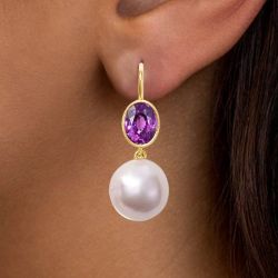 Golden Oval Cut Pearl & Amethyst Sapphire Drop Earrings For Women