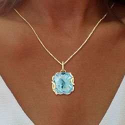 Sea Leaf Golden Cushion Cut Aquamarine Sapphire Pendent Necklace For Women