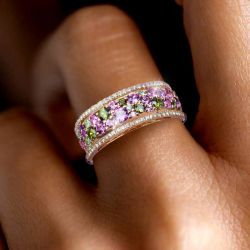 Golden Round Cut Peridot & Amethyst Sapphire Wedding Band For Women  