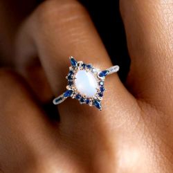 Rose Gold Halo Oval Cut White Opal Sapphire Engagement Ring For Women