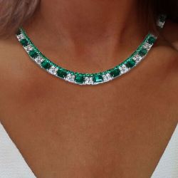 Double Row Emerald Cut Emerald Sapphire Tennis Necklace For Women