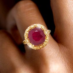 Golden Cushion Cut Ruby Sapphire Engagement Ring For Women