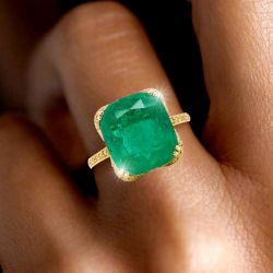 Golden Cushion Cut Emerald Sapphire Engagement Ring For Women