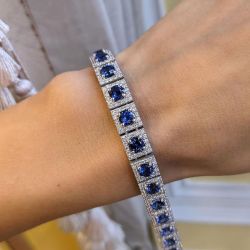 Halo Round Cut Blue Sapphire Tennis Bracelet For Women