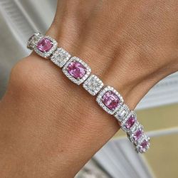Halo Oval Cut Pink Sapphire Tennis Bracelet For Women