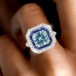 Milgrain Double Halo Asscher Cut Aquamarine Sapphire Engagement Ring For Women Next Jewelry