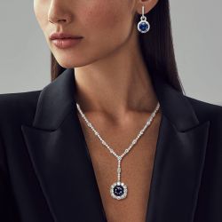 Halo Cushion & Round Cut Blue Sapphire Necklace & Earrings Set For Women Next Jewelry