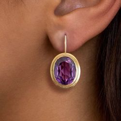 Golden Oval Cut Amethyst Sapphire Drop Earrings For Women