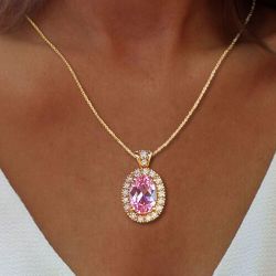 Golden Halo Oval Cut Pink Sapphire Pendant Wedding Necklace For Women Next Jewelry 