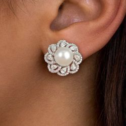 Round Pearl & White Sapphire Stud Earrings For Women Next Jewelry